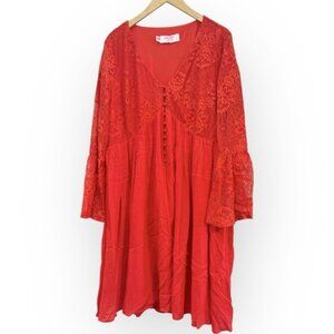 Southern Fried Chics Bright Red Orange Bell Sleeve Dress Women's Size XXL‎ Plus